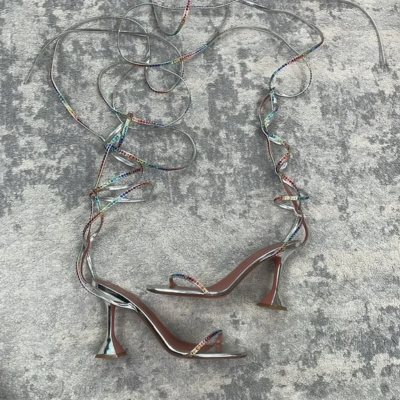 New Amina Muaddi x AWGE Rainbow Crystal LSD WrapAround Gladiator Sandals Heels